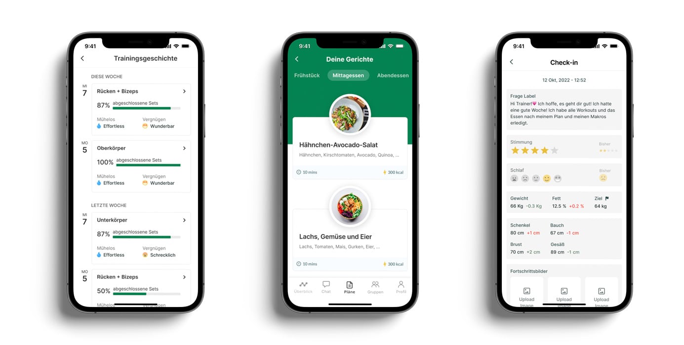 Ein Mockup der Coaching-App, das die verschiedenen Funktionen zeigt.